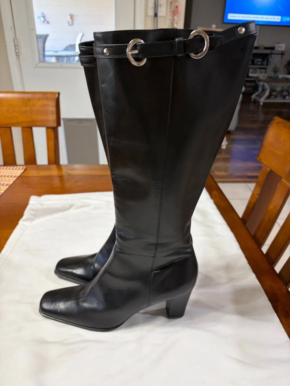 Michelle D Black Over-the-Knee Leather Boots with Square Toe